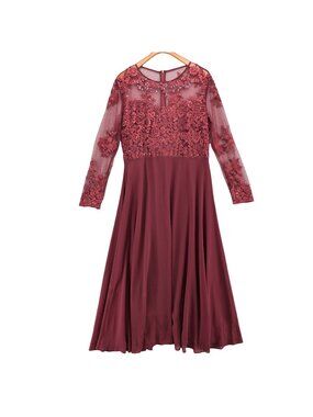 Roiii Formal Gown Maxi Dress Burgundy Sheer Lace Top Long Sleeve Lined Size 2XL